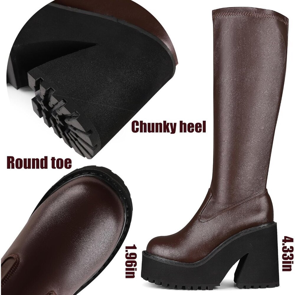 Aminugal Womens Brown Synthetic Chunky Block High Heel Knee High Platform Boots - Picture 5 of 6